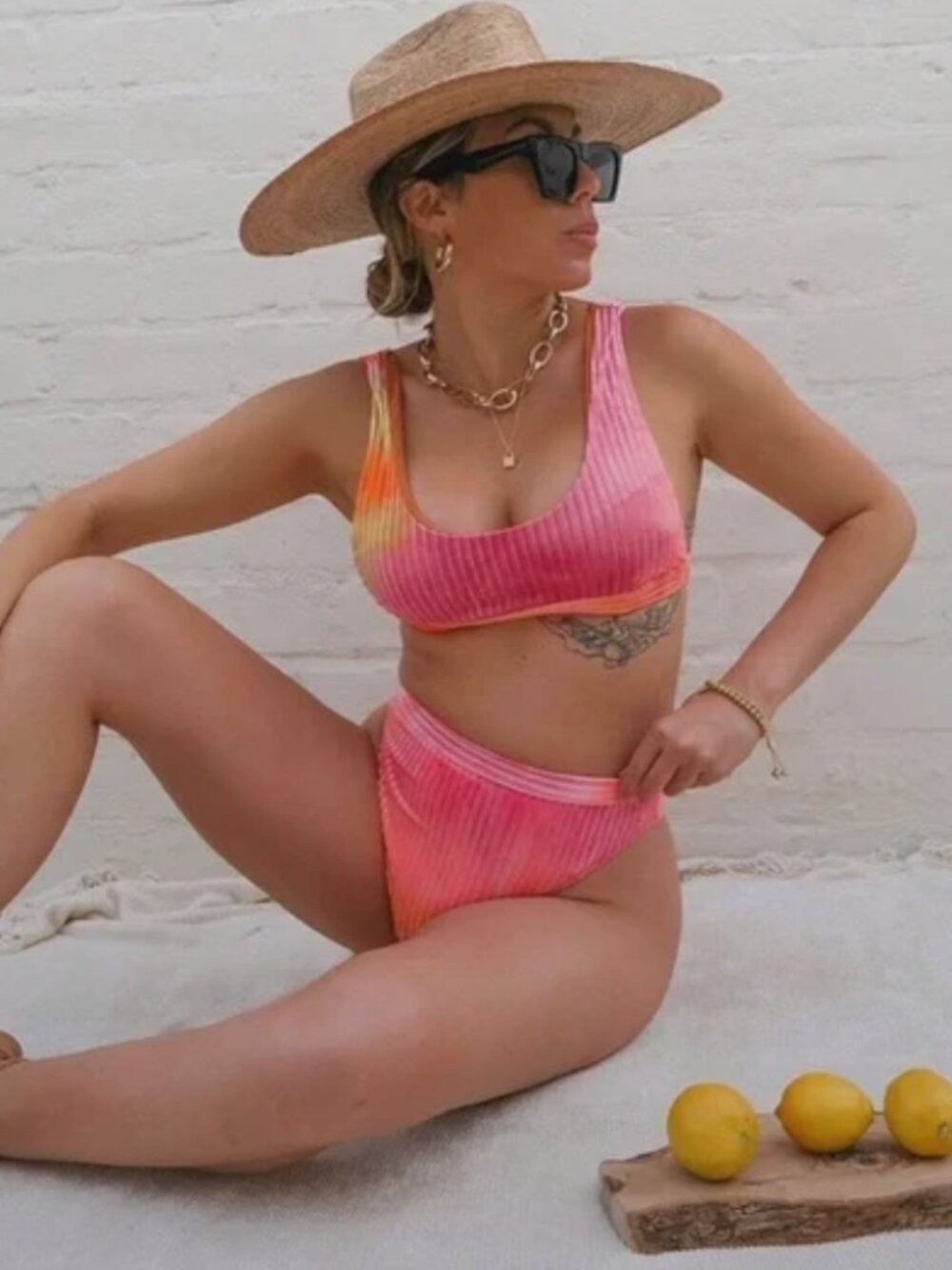 Dippin Daisys Pink Orange High-Rise Velvet Tie Dye Sunrise 2 Piece Bikini Small - Picture 13 of 15
